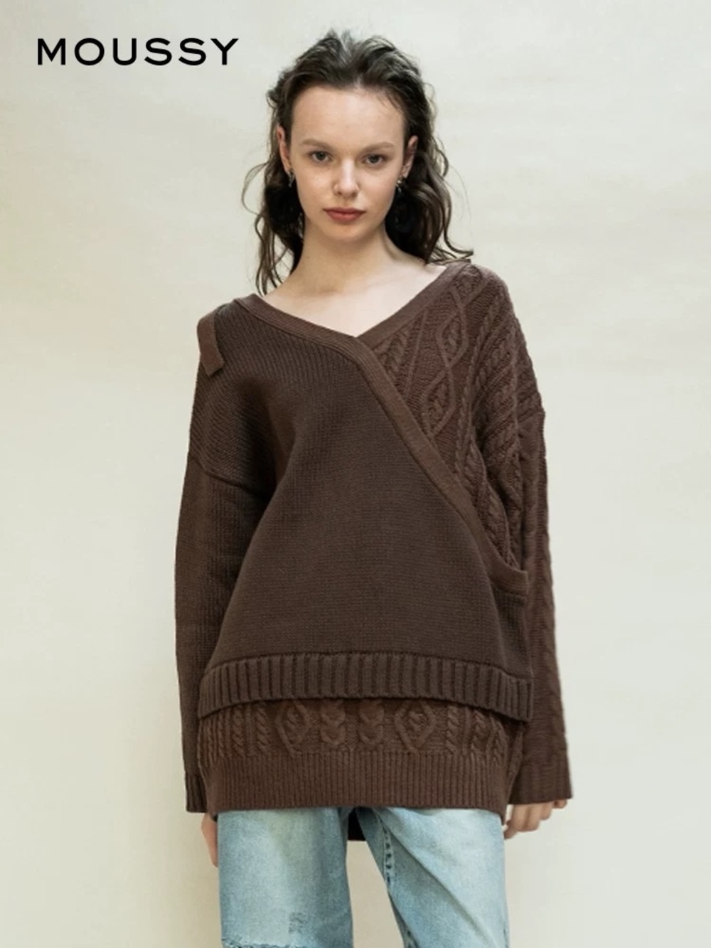 MOUSSY Brown Cable Knit Wrap Sweater Oversized NWOT